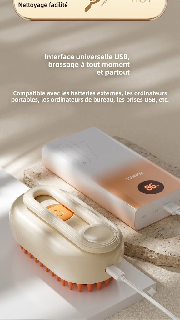 Brosse chat vapeur FluffMaster - recharge USB