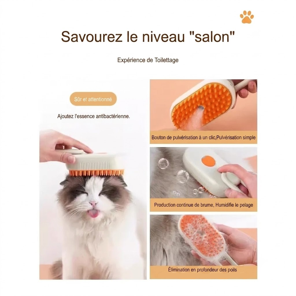 Brosse chat vapeur FluffMaster - niveau salon avec chat